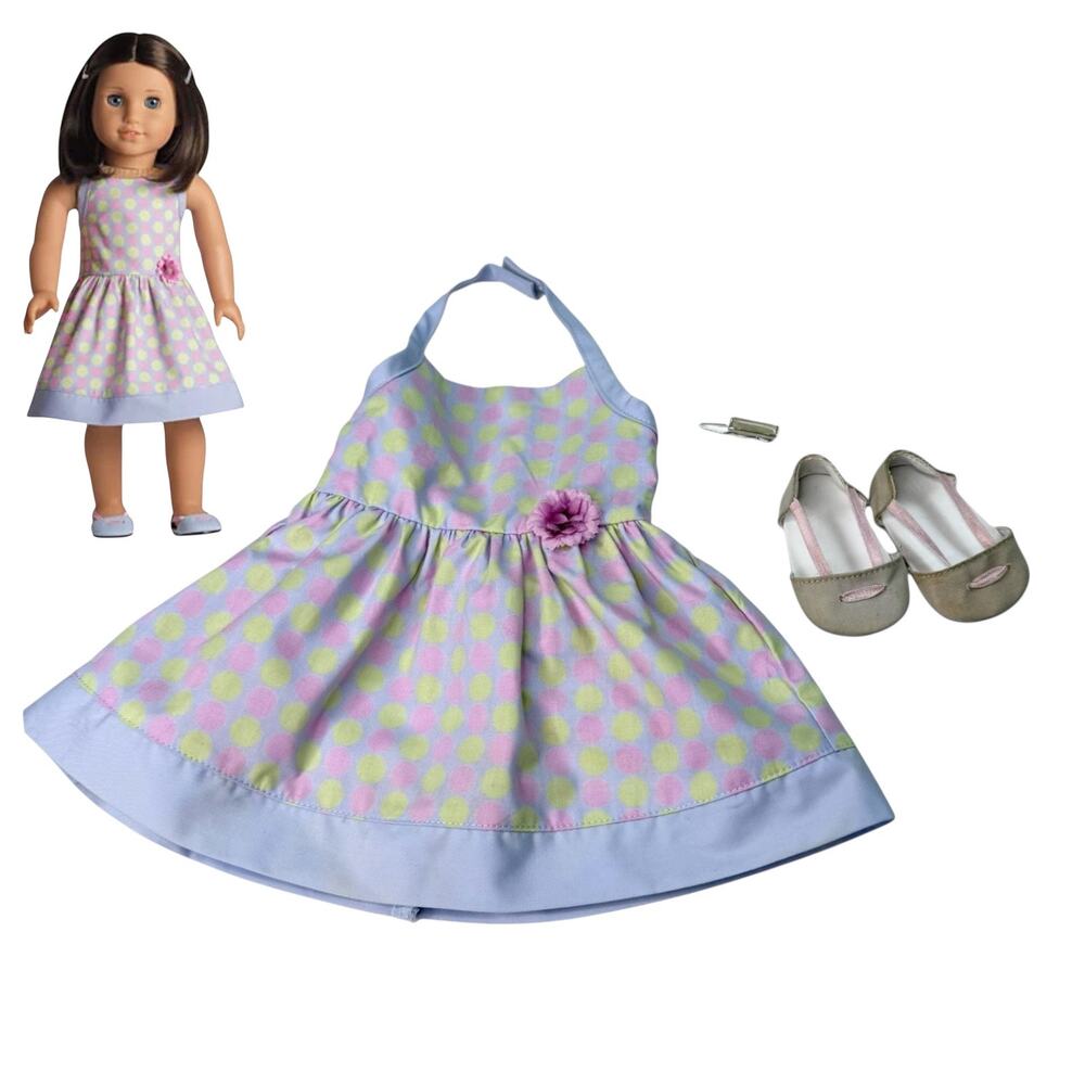 NEW American Girl CHRISSA SUNDRESS Polka Dot Flower Hair Barrettes Shoes Box